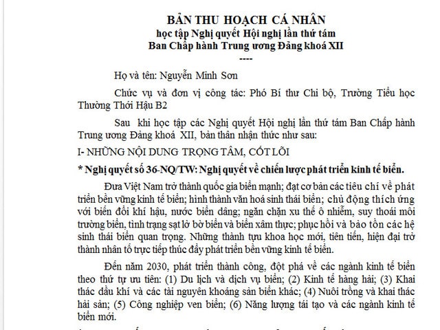 Mẫu bài thu hoạch Nghị quyết Trung ương 10 khóa 12