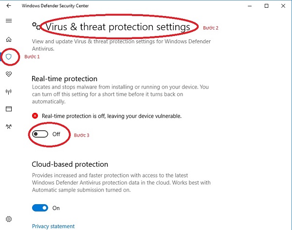 Chọn Virus & Threat protection settings ở trạng thái OFF để vô hiệu hóa Windows Defender