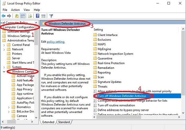 Lần lượt thực hiện các thao tác trên cửa sổ Local Group Policy Editor để chọn Turn off Windows Defender Antivirus